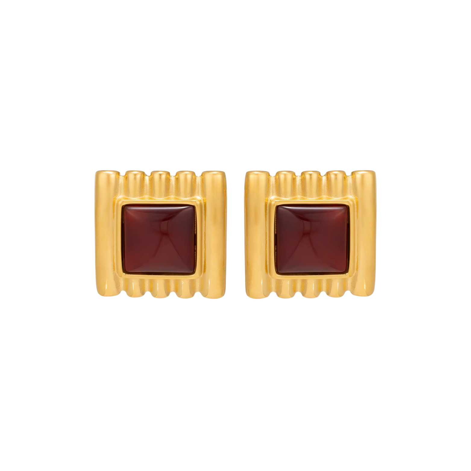 Gold earrings with red enamel ribbed design. vintage inspired