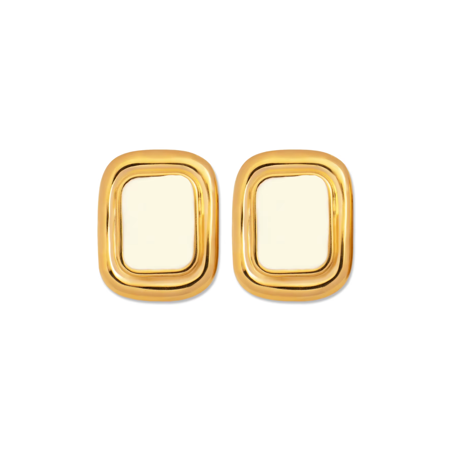 Gold earrings with a white enamel center on a white background. vintage inspired earrings. 